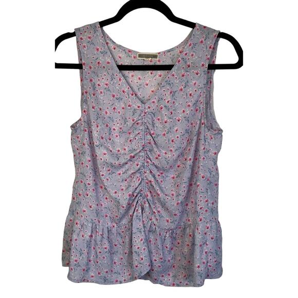 Pleione Tops - Pleione Floral Ruched Front Ruffle Hem Sleeveless Top Lavender Pink Boho - Small
